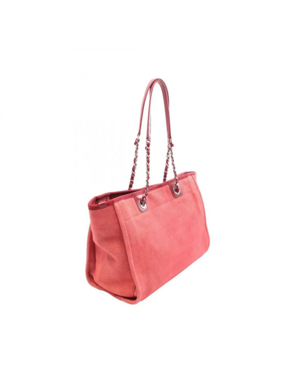 Chanel Tote Deauville Red Canvas Leather Chain MM